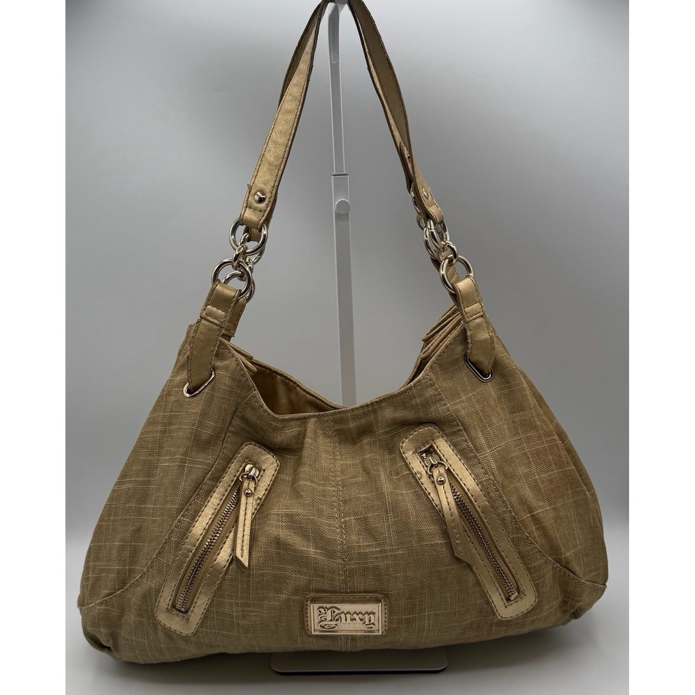 Luxy Tan Shoulder Bag Purse Gold Tone‎ Hardware Zip Pockets – Wear on Strap Y2K